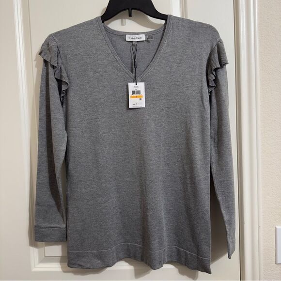 NWT CALVIN KLEIN V-NECK RUFFLE LONG SLEEVE LIGHTWEIGHT KNIT SWEATER TOP SMALL - Picture 2 of 10